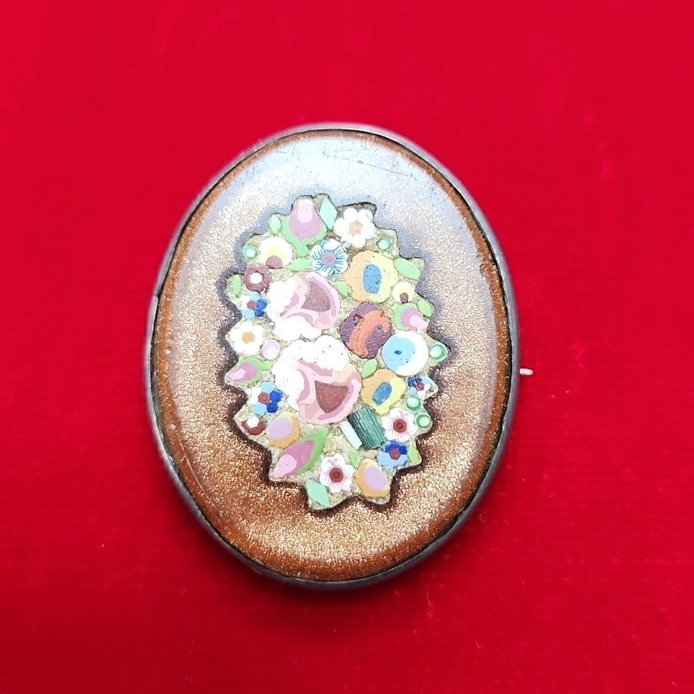 Victorian Pietra Dura Italian Gold Stone Floral Mosaic Pin Brooch